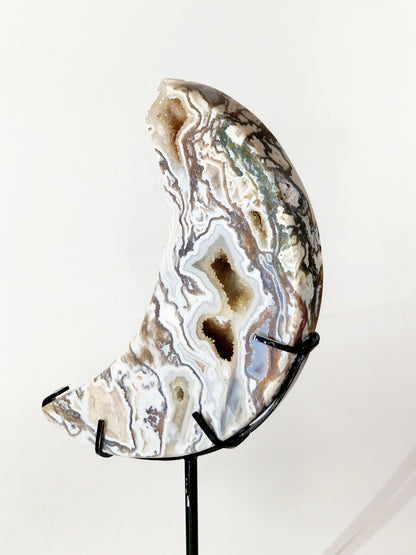 Large Moss Agate Crescent Moon Carving on Metal Stand - Earthy Serenity