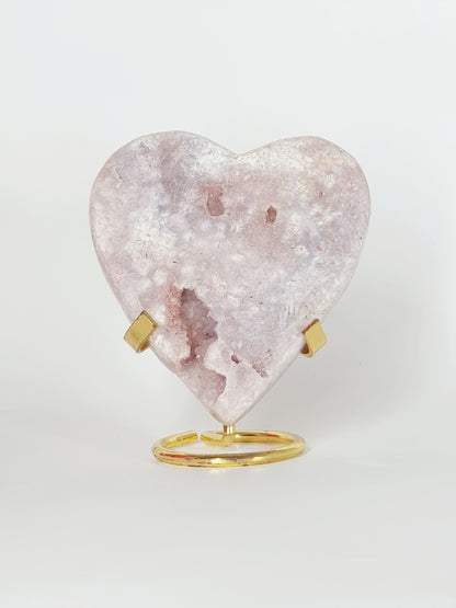 Large Hand-Carved Pink Amethyst Heart On Stand