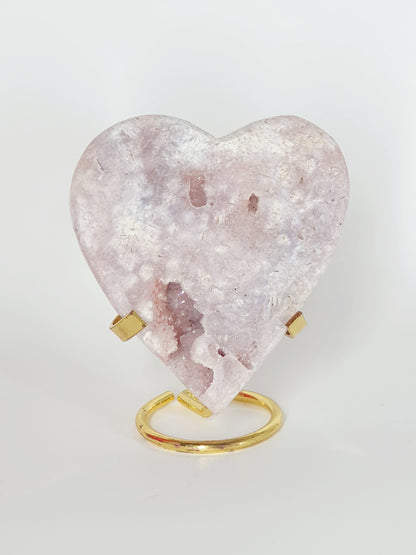 Large Hand-Carved Pink Amethyst Heart On Stand