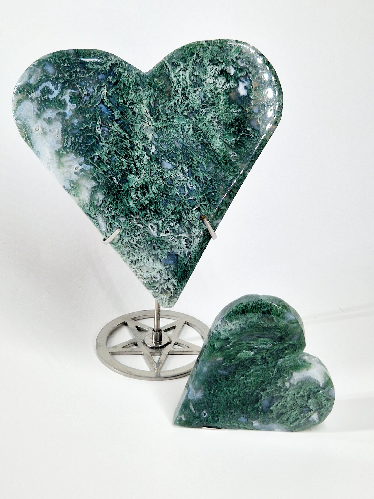 Green &amp; Blue Moss Agate Carved Hearts – A Symbol of Growth and Serenity