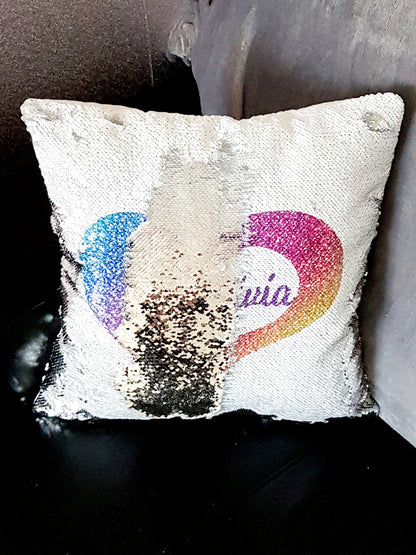 Personalised Rainbow Heart Reversible Sequin Cushion