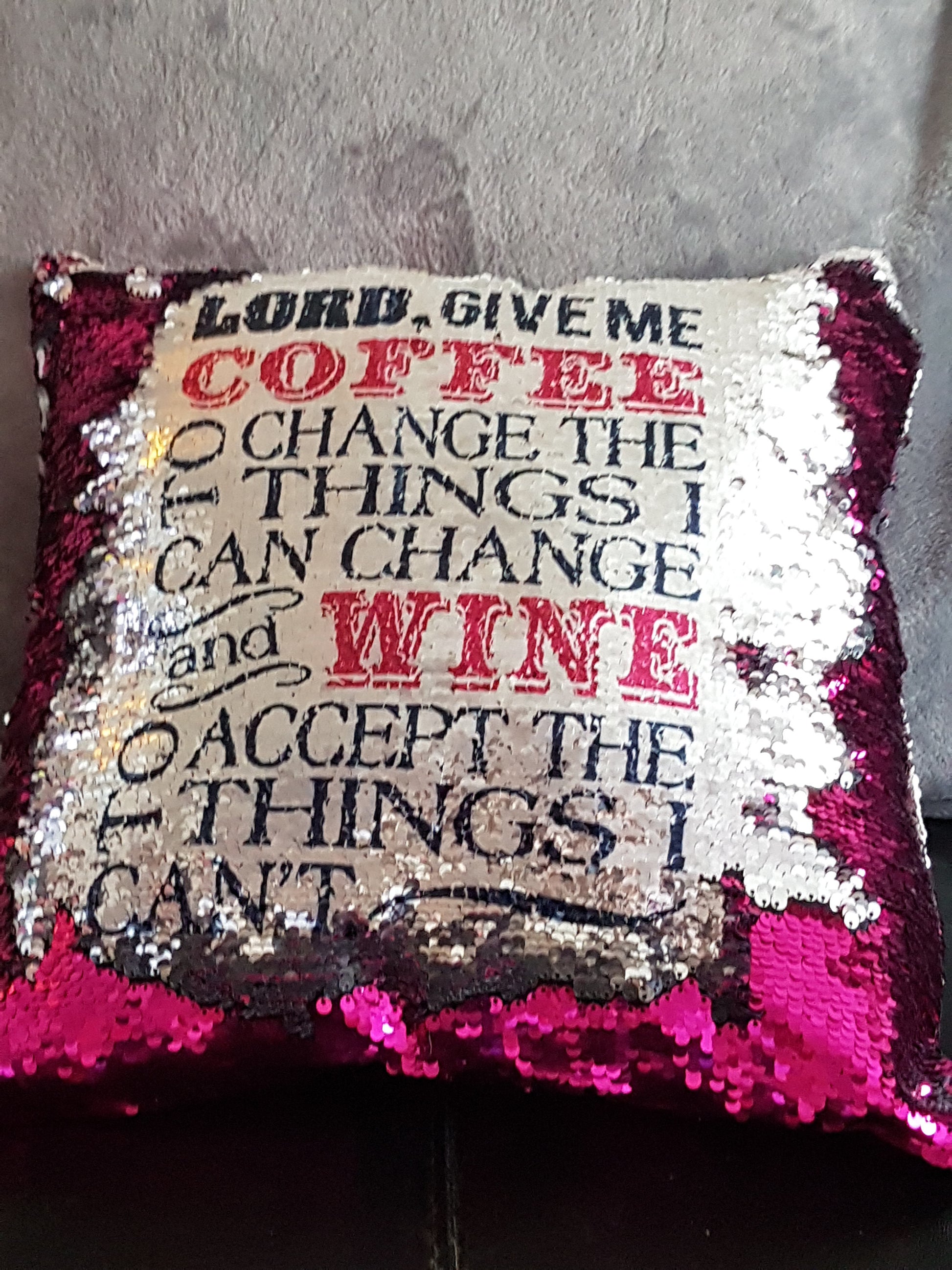Reversible Sequin Cushion, Sequin Pillow, Hidden Message Pillow. Decorative Pillow, Wine Lovers Gifts,